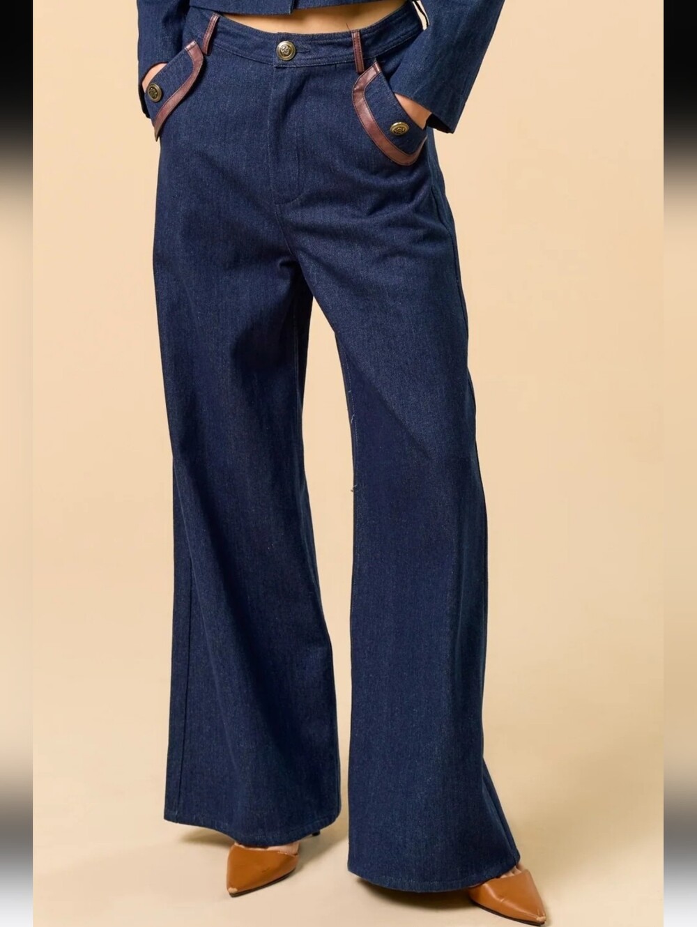 Lalavon Dark Rinse Denim Wide Leg High Rise Trouser Jeans SZ Large Old Money 70s